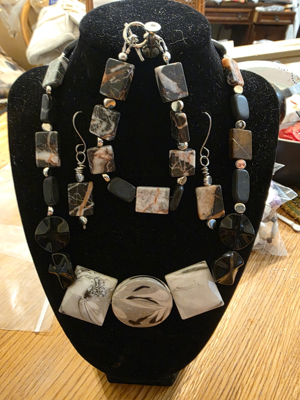 Marbled Black and Cream Statement Necklace, Bracelet, and Earring Set